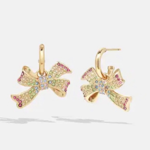 Coach Pave Bow Huggies Earrings Multi Colored Gold Tone - Picture 2 of 2